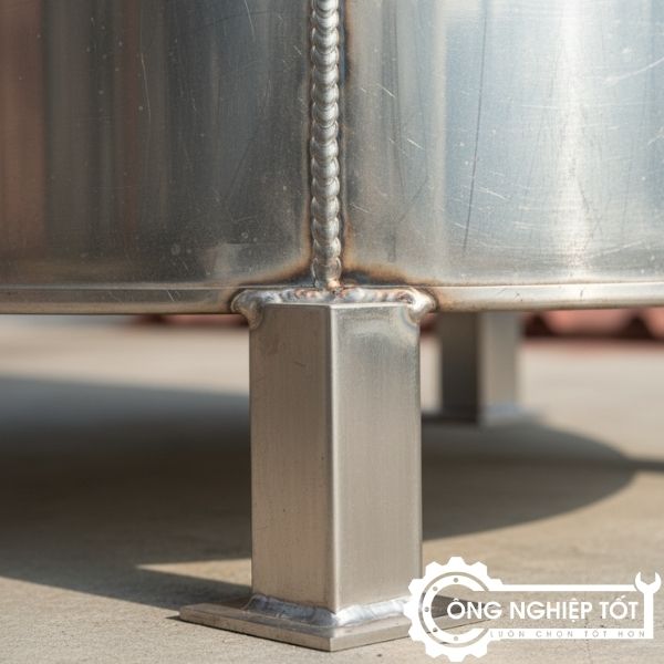 cận cảnh cấu tạo thân bồn inox: tấm inox, mối hàn TIG, chân đế